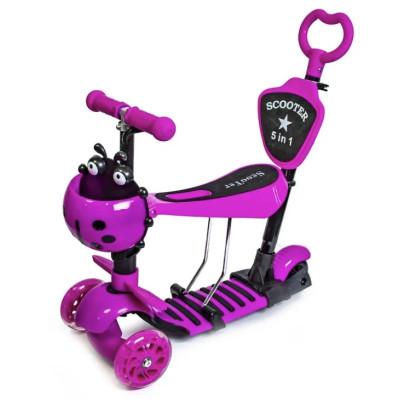 Триколісний дитячий самокат Scooter 5 в 1 Рожевий з сидінням, батьківською ручкою і кошиком 1+