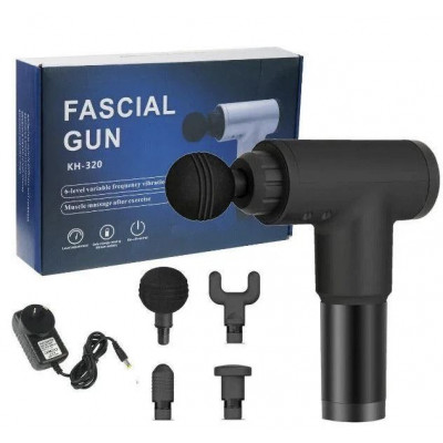 Акумуляторний масажер для тіла Fascial Gun 320 чорний 4 насадки 6 режимів