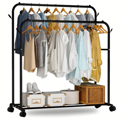 Подвійна стійка на колесах - вішалка для одягу Double floor Hanger з полицею для взуття 143х96х42 см Black