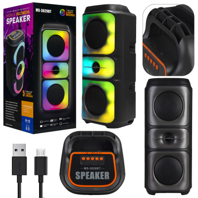 Колонка міні-валіза від мережі та від акумулятора з USB, SD, FM, AUX, Bluetooth, світломузикою та ручкою 38.5см*16см*14см, 10ват*2, MS-3629BT