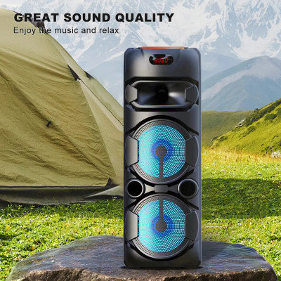 Колонка акустична акумуляторна без дротовим мікрофоном, пультом, USB, SD, FM, AUX, Bluetooth, світломузикою, ручкою та на колесах, 20ват*2шт, 80см*27.5см*27.5см ZQS8220S