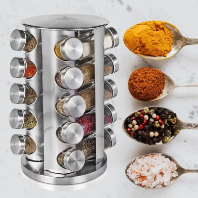 Органайзер для спецій 20 скляних баночок з поворотною металевою стійкою.