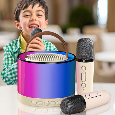 Портативна музична Bluetooth колонка для караоке з 2 мікрофонами та RGB підсвіткою бежева