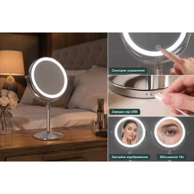 Двостороннє дзеркало для макіяжу з LED-підсвіткою 20 см та збільшенням 3x Двостороннє дзеркало для макіяжу з LED-підсвіткою 20 см та збільшенням 3x