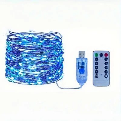 Гірлянда Роса 5м, 50 LED, срібний дріт, USB, пульт, синій