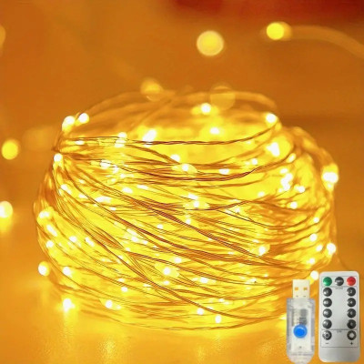 Гірлянда Роса 5м, 50 LED, срібний дріт, USB, пульт, теплий білий