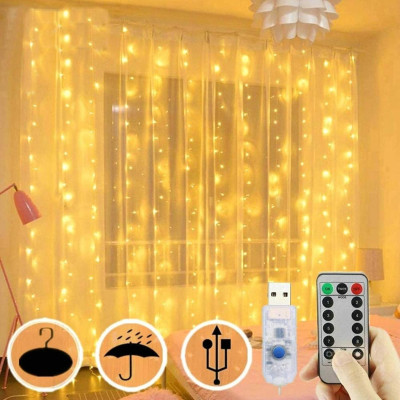 Світлодіодна гірлянда-штора «Роса» з пультом, USB, 3×3 м, 10 рядів, 300 LED, теплий білий