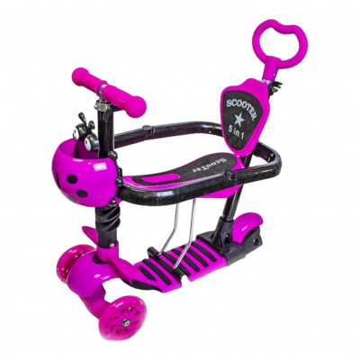 Триколісний дитячий самокат Scooter 5 в 1 Рожевий з бортиком,сидінням, батьківською ручкою і кошиком 1+