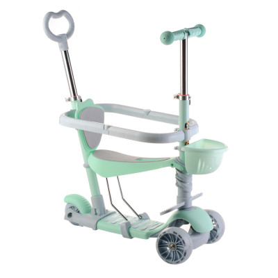 Триколісний дитячий самокат Scooter 5 в 1 "М'ята" з сидінням, бортиком, батьківською ручкою і кошиком 1+