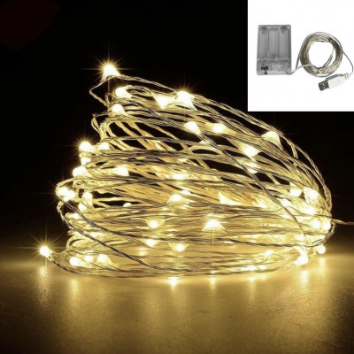 Гірлянда Роса 10м , дрот на батарейках+ USB: 100 LED , Теплий білий