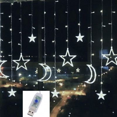 Світлодіодна гірлянда Штора з фігурами Зірка та Місяць 2.5м*1м 138led USB Білий