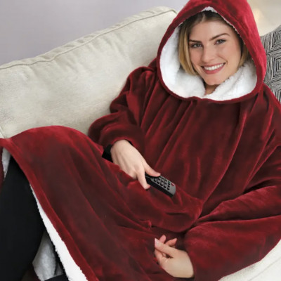Бордовий Плед Толстовка з Капюшоном і Руковами Hoodie 3-в-1 Плед з Руковами Двосторонній Теплий Худі Халат Домашній